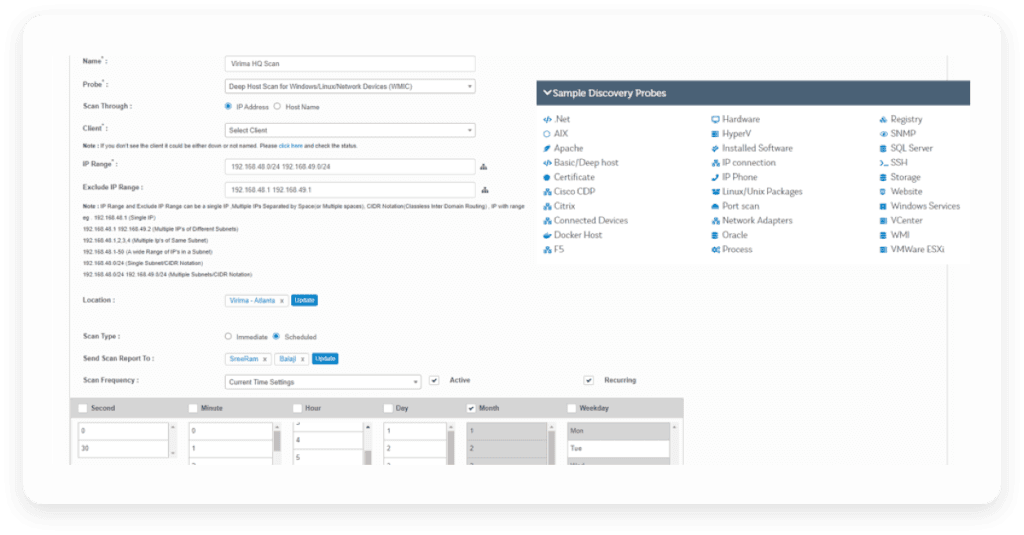 A list of sample discovery probes accessible through Virima’s dashboard.