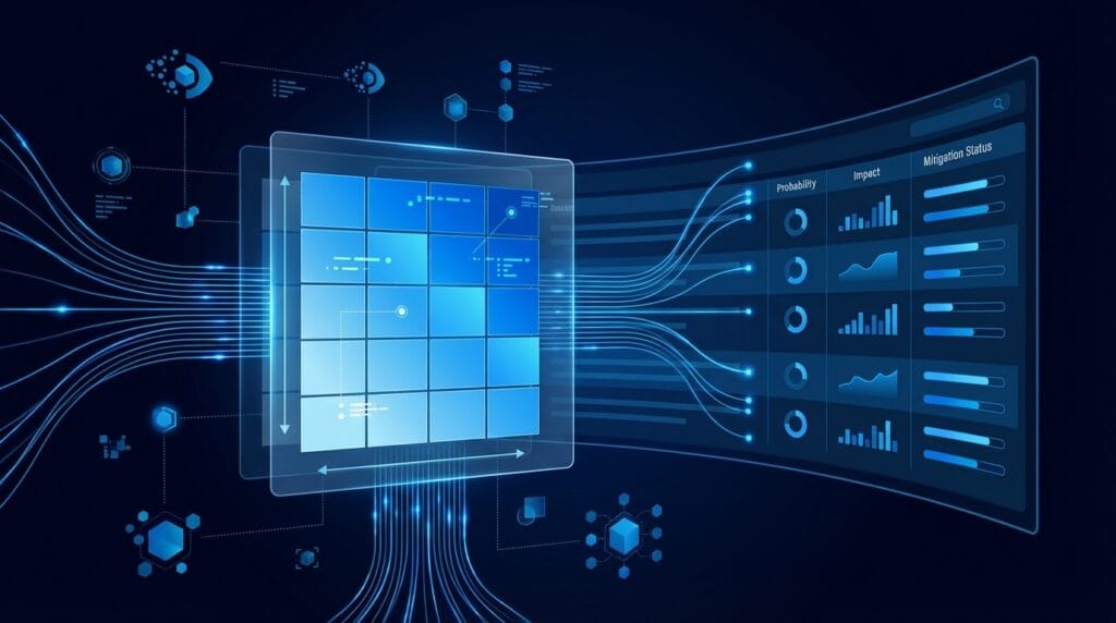 IT risk register matrix and GRC compliance dashboard with probability and impact scoring visualization