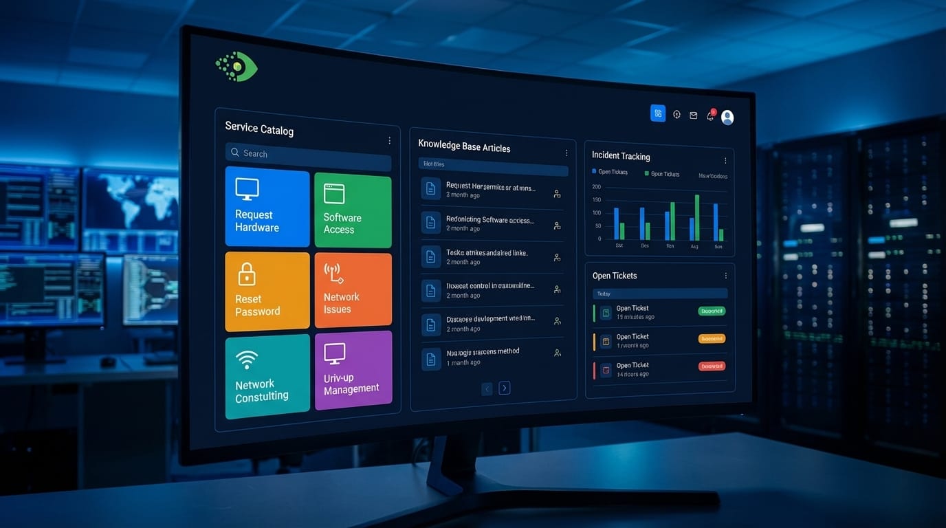IT self-service portal dashboard showing service catalog and knowledge base in an enterprise IT operations center